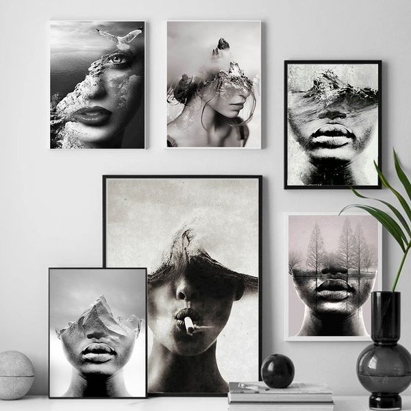 Abstract Black White Toile peinture Mur Art Surréalisme Affiches et imprimés Femme Image pour le salon Cadeau de décoration intérieure moderne