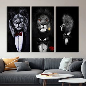 Abstract Black Wild Lion In A Suit Canvas Paintings Posters and Lion Smoking A Cigar Painting Wall Art Pictures for Home Decor
