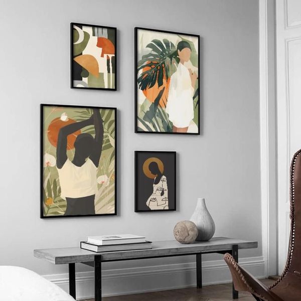 Toile d'art mural avec plantes tropicales, femme noire abstraite, affiche et image imprimée pour salon, chambre à coucher, décoration de maison moderne P335A