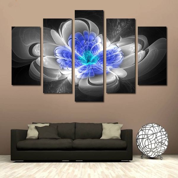 Pintura abstracta de flor azul sin marco, 5 piezas, carteles e impresiones, arte de pared, lienzo, cuadros de pared para decoración para sala de estar 283P