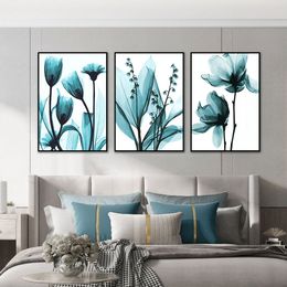 Abstract blauwgroene bloemschildering gedrukt op canvas Noordse plant muur kunstafdrukken en posters voor thuiswanddecoratie