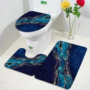Tapis de bain en marbre bleu abstrait, ensemble de 3 pièces, ligne dorée créative, tapis de flanelle géométrique, décor de salle de bain, tapis de couverture de toilette antidérapant 240226