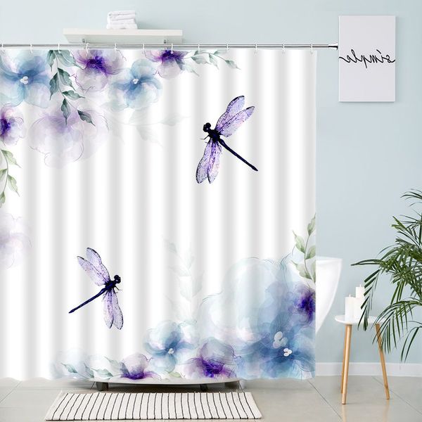 Cortina de ducha de liberación floral de color morado abstracto planta tropical creativa de medio siglo