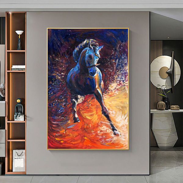 Toile de peinture abstraite avec cheval noir et Orange, affiches et imprimés d'animaux nordiques modernes, tableau d'art mural pour décoration de salon et de maison