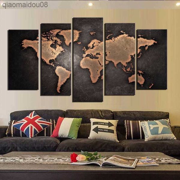 Póster de pintura en lienzo abstracto, póster de arte de pared moderno, 5 piezas, decoración de mapa del mundo Retro, imágenes modulares para el hogar sin marco L230704