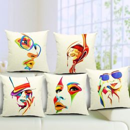 Abstrait coloré peinture femmes visage lin housse de coussin taie d'oreiller maison Art décor Almofadas 18 18 pouces coussin chambre canapé Deco272C