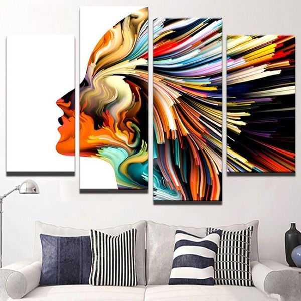 Peinture abstraite colorée de cheveux de femme sans cadre, toile moderne, décoration murale pour la maison, images imprimées HD, 4 panneaux, affiche 2099