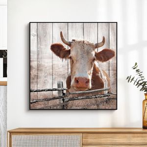 Peinture de vache abstraite sur toile, dessin animé nordique moderne, animaux, bétail, imprimés d'art muraux et affiches pour décoration de salon et de maison
