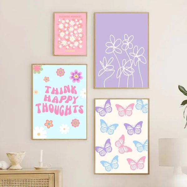 Resumen de lona pastel danés Póster Púrpura a cuadros Smiley Flower Impresión Estampado Estética Room Fotografías para mujer Decoración del hogar sin marco