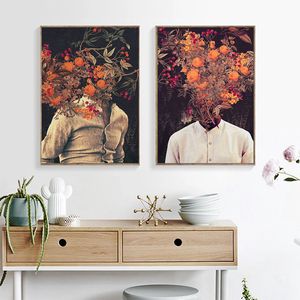 Abstract bloemenvrouw canvas schilderposters print retro mode muur kunst Nordic esthetische foto woonkamer thuisdecoratie