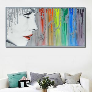 Abstract meisje portret poster prints canvas schilderij met regenboog wand art olieverfschilderijen Posters Muurfoto's voor de woonkamer