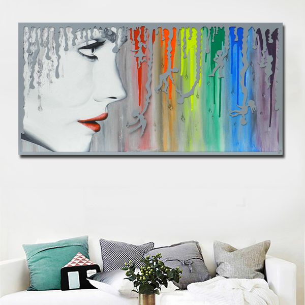Retrato abstracto de chica, póster impreso, pintura en lienzo con arcoíris, arte de pared, pintura al óleo, carteles, cuadros de pared para sala de estar