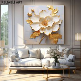 Abstract gouden bloem met canvas schilderij met bladgoud, moderne print poster kunst aan de muur, voor huizendecoratie cadeau cuadros niet ingelijst