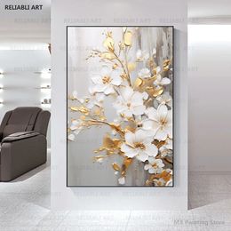 Abstract Gold Leaf Floral White Flower Huile Paint sur toile, Affiche, Impression décorative pour la maison Wall Art moderne, pas encadré