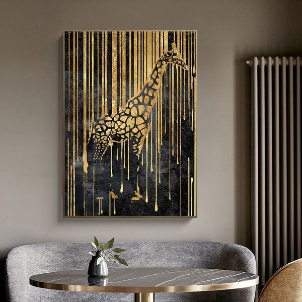 Línea de oro abstracta Cebra de cebra Pintura Tigre Giraffe Leopardo Póster Imágenes de pared para sala de estar Decoración del hogar