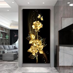 Résumé Feuilles dorées Golden Rose Rose Butterfly Flower Huile Paint sur toile Affiches Impressions Wall Art Picture pour le décor de salon