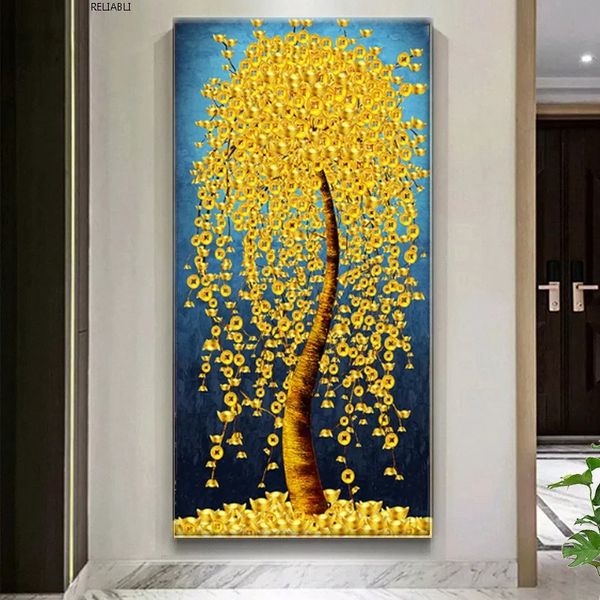 Resumen Golden Rich Tree Money Tree Pinturas al óleo en lienzo Póster Moderna de pared de la pared