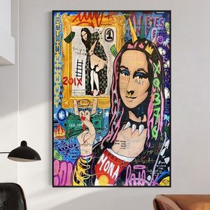 Pinturas en lienzo de arte de graffiti abstracto, carteles e impresiones divertidos de Mona Lisa, imágenes artísticas de pared famosas para la decoración del hogar de la sala de estar Cuad330g