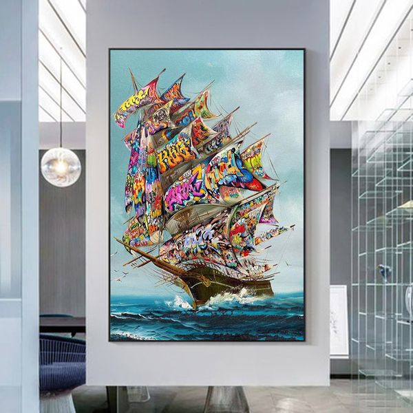 Póster Vintage de barco con Graffiti abstracto, pintura en lienzo, carteles e impresiones, Imágenes artísticas de pared para sala de estar, decoración del hogar, Cuadros