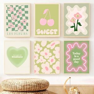 Abstract Groen Bloemen Hart Kers Posters En Prints Muurkunst Deens Pastel Canvas Schilderij Foto voor Thuis Woonkamer Meisje Slaapkamer Decor Geen Frame Wo6