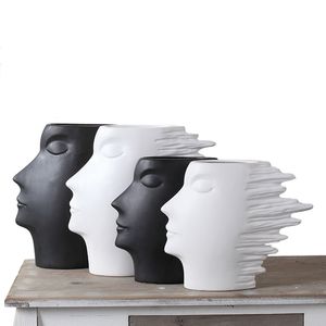 Jarrón de cara abstracta, arte moderno, escultura de cerámica de hombre del viento, estatua de cabeza humana, artesanías de decoración del hogar a la moda, negro y blanco