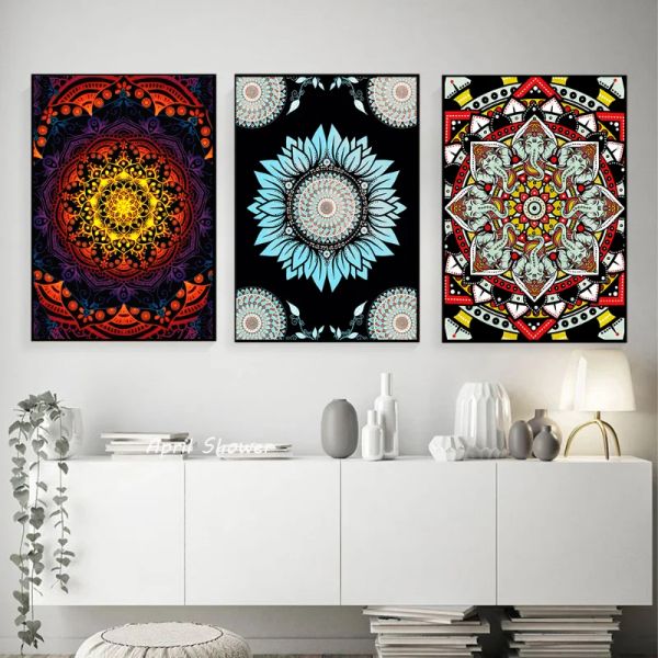 Resumen India Mandala Flowers Pattern Poster Boho Canvas Pintura y arte de pared impresa Imagen moderna para la habitación Decoración del hogar