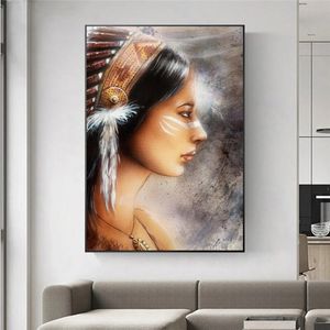 Abstract Indian Woman Canvas Paintings On the Wall Art Posters And Prints Native Woman Art Makeup Pictures Home Decor Cuadros