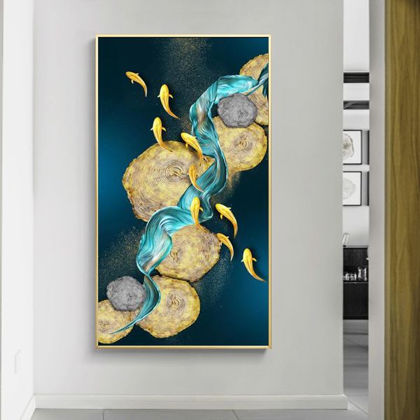 Cuadro Koi abstracto, pintura en lienzo, arte de pared, carteles de peces Feng Shui e impresiones, imágenes de estanque de loto de carpa para decoración para sala de estar