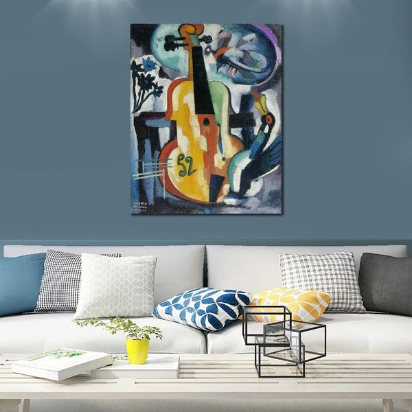 Paysage abstrait peinture à l'huile sur toile Composition avec violon Souza Cardoso oeuvre décoration murale contemporaine
