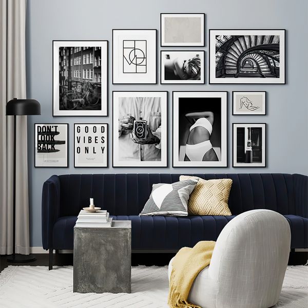 Póster de figura de línea abstracta cuadro sobre lienzo para pared minimalista Retro blanco y negro decoración del hogar dormitorio imágenes de fondo