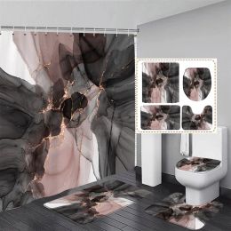 Abstract Marble Douche de douche ensemble Lignes dorées Black Grey Modèle Luxury Modern Home Bathroom Decor Tapis de toilette Tapis de toilette