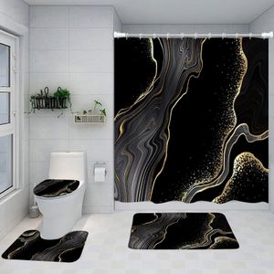Abstract marmeren douchegordijn set gouden lijnen zwart grijs patroon moderne luxe huis badkamer decor antislip tapijt toilet deksel cover 240328