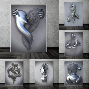 Pintura en lienzo 3D de pareja de Metal abstracto, carteles románticos e impresiones, imágenes artísticas de pared modernas para la decoración del hogar de la sala de estar