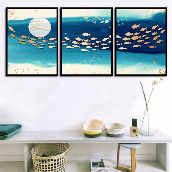 Abstract Moon Golden Fish School 3p kit canvas peinture moderne décoration de maison moderne salon décor mural image