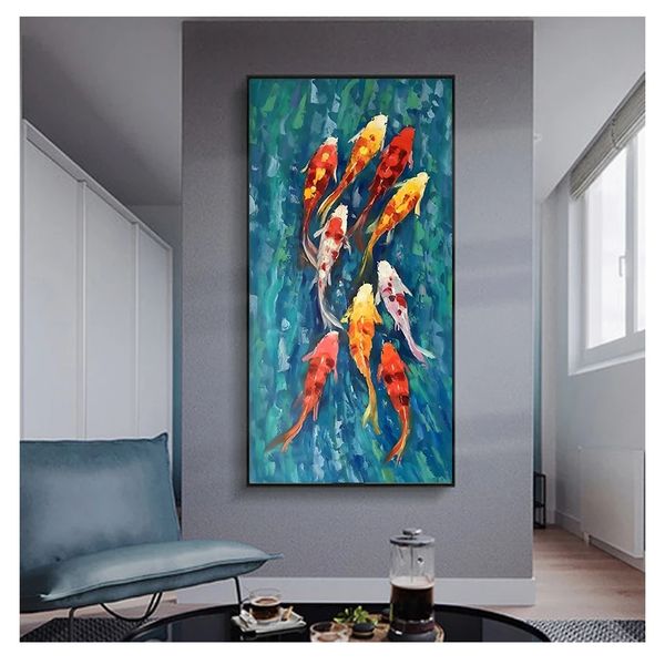 Peinture à l'huile sur toile abstraite de paysage de neuf poissons Koi, affiche pour salon, décor moderne, tableau d'art mural, impression HD, Woo chinois
