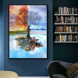 Pinturas de pared nórdicas abstractas, pósteres, arte de pared, impresiones en lienzo, cuadro de árbol mágico de cuatro estaciones para la decoración del hogar de la sala de estar