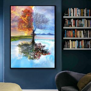 Samenvatting Noordse muurschilderingen posters Wall Art Canvas Prints Magical Four Season Tree Picture for Living Room Home Decoratie