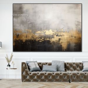 Paint à huile abstraite peinture à l'huile grise 100% Paysage peint à la main moderne simple or noir noir sans cadre pour le salon grande taille