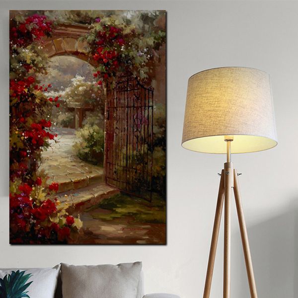 Pintura al óleo de paisaje de puerta de flores de casa Pastoral abstracta, impresión HD en lienzo, póster de jardín, imagen artística de pared para sala de estar