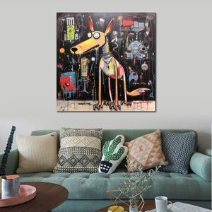 Abstract beeld buitenaardse hond valt de aarde binnen met ruimteschip canvas print artwork voor eigenzinnige wanddecoratie