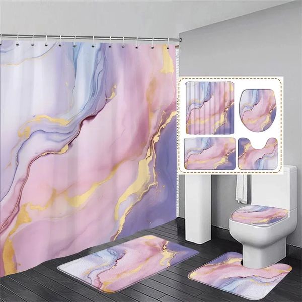 Ensemble de rideau de douche en marbre rose abstrait, motif géométrique texturé violet or, décoration de salle de bain moderne, tapis de bain, couverture de toilette 240328