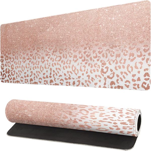 Tapis de souris abstrait rose or rose imprimé léopard bureau bords cousus fond en caoutchouc lisse et antidérapant grand tapis de souris pour bureau