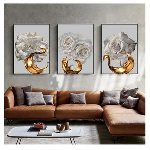Samenvatting Poster Noordse kunstplant Canvas schilderen Moderne muurfoto voor woonkamer decor witte rozenbloem gouden inkt splash woo