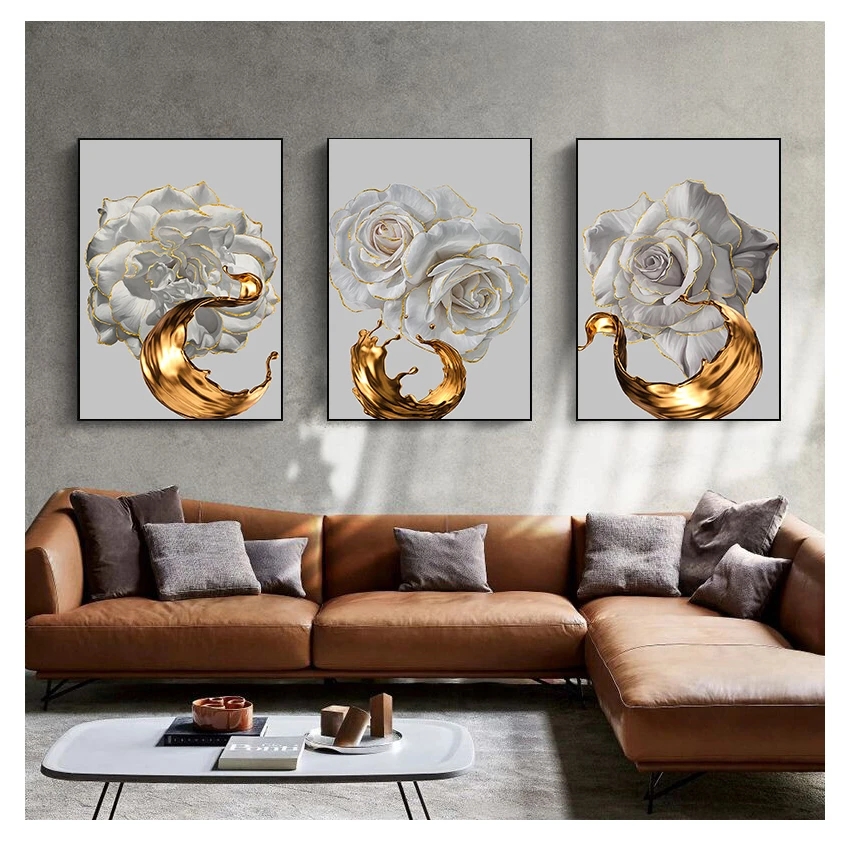 Artinova Nordic Abstract Plant Canvas Wall Art: Golden Ink Splash White Rose Painting for Modern Living Room Decor - Stunningly Bold Floral Design
