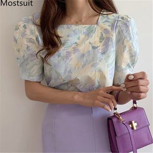 Abstract bedrukt vierkante kraag Koreaanse blouses tops vrouwen bladerdeeg mouw elegante mode shirts verse chique vintage dames blusa 210514