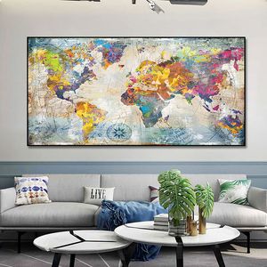 Cuadro en lienzo con mapa del mundo Retro abstracto, carteles dorados e impresiones, cuadro de arte de pared abstracto para sala de estar, decoración del hogar, sin marco