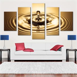 Anillos abstractos Arte de pared de lienzo brillante Dropas de agua de oro de 5 piezas Pintura múltiple de lienzo Hermosa caída de cobre Splash Decoración del hogar
