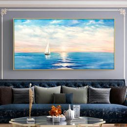 Abstract Sea Sunrise Painting Oil Painting, Saiboat Toile Painting, Horizontal, Living Room, Office, Home Wall Decoration, Sans cadre