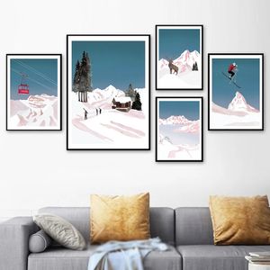 Affiche de montagne de neige abstraite imprimée, tableau d'art mural de Style nordique, cerf skieur, peinture sur toile, allée, salon, chambre à coucher, décor Wo6