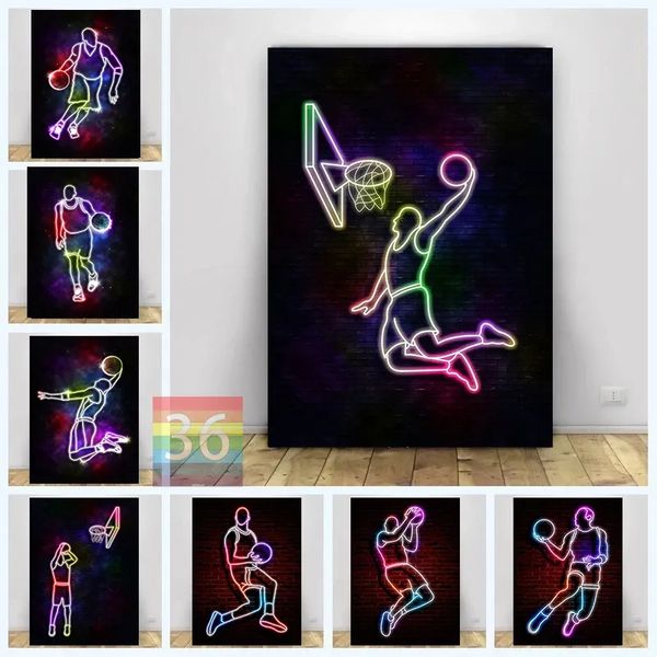 Affiche de basket-ball de sport abstrait, joueur de basket-ball, impression sur toile néon, ballon de sport, art mural, salon, chambre de garçon, décoration cadeau sans cadre Wo6